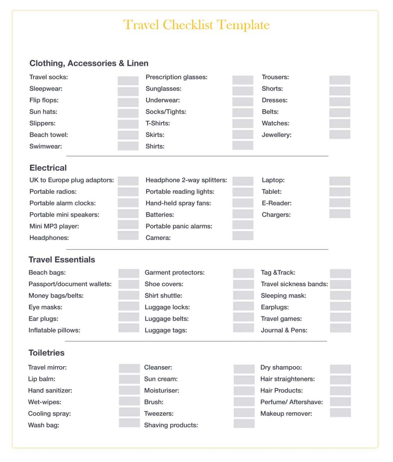 Free Travel Checklist Template in PDF, Word, Excel, Google Docs