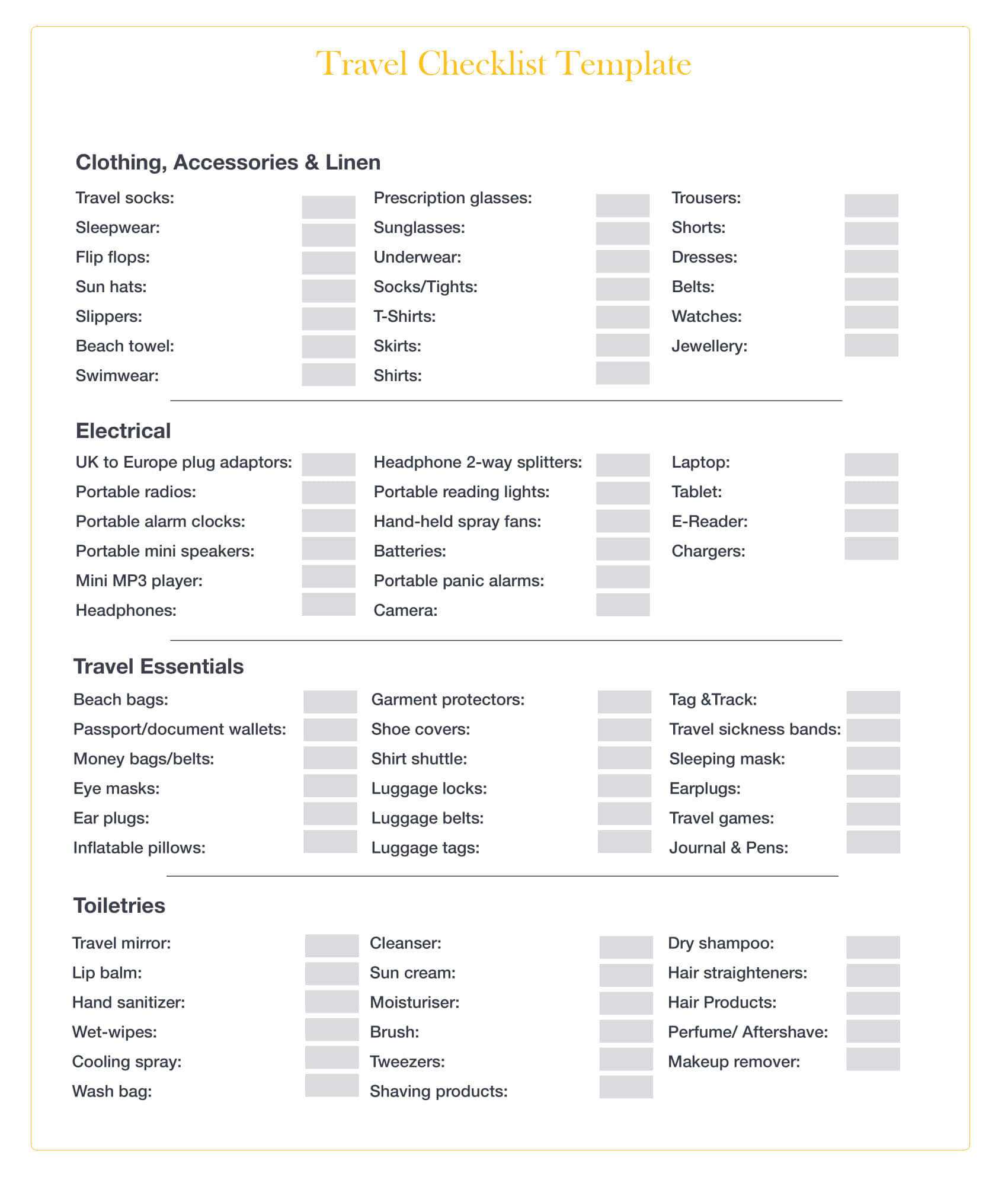 travel checklist template free