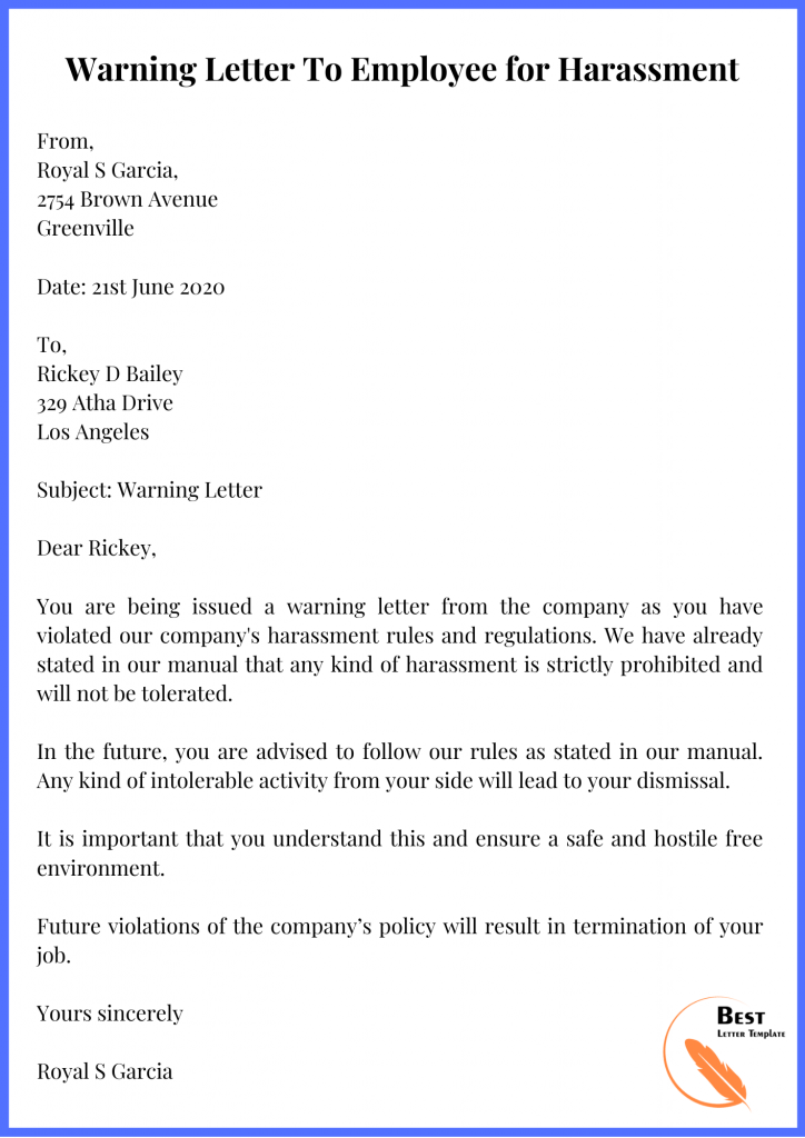 Warning Letter To Employee for Harassment