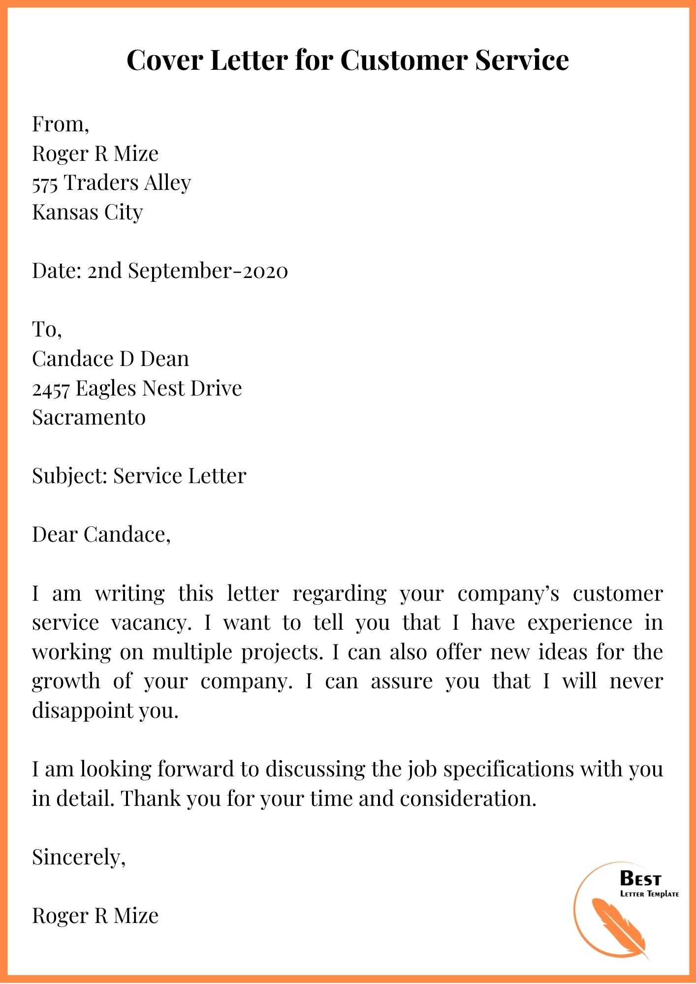 sample of application letter for a customer service officer
