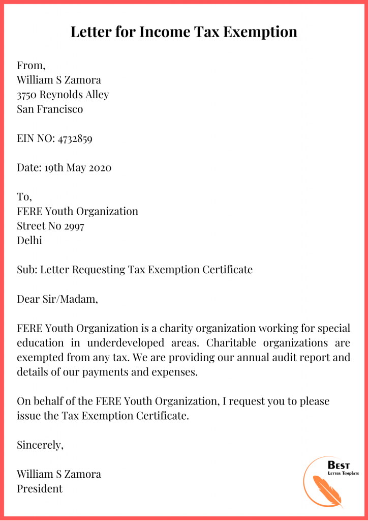 Letter for Income Tax Exemption
