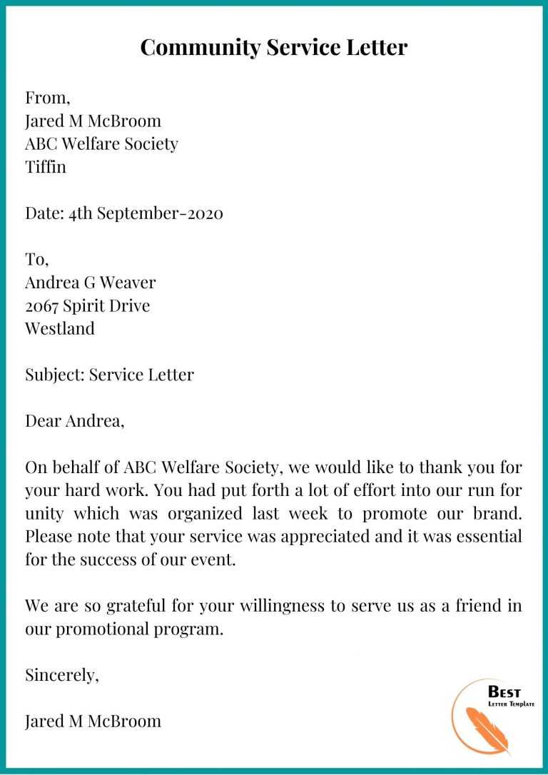 Community Service Letter Template Word