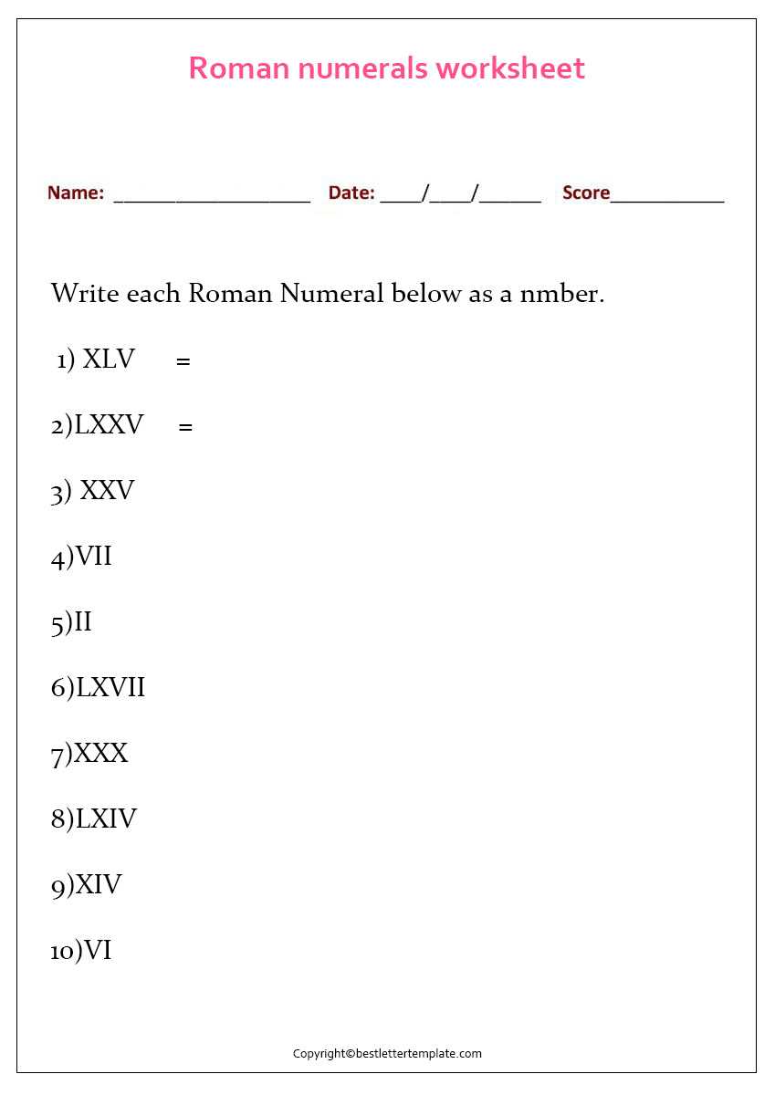 free Roman Numerals Worksheets