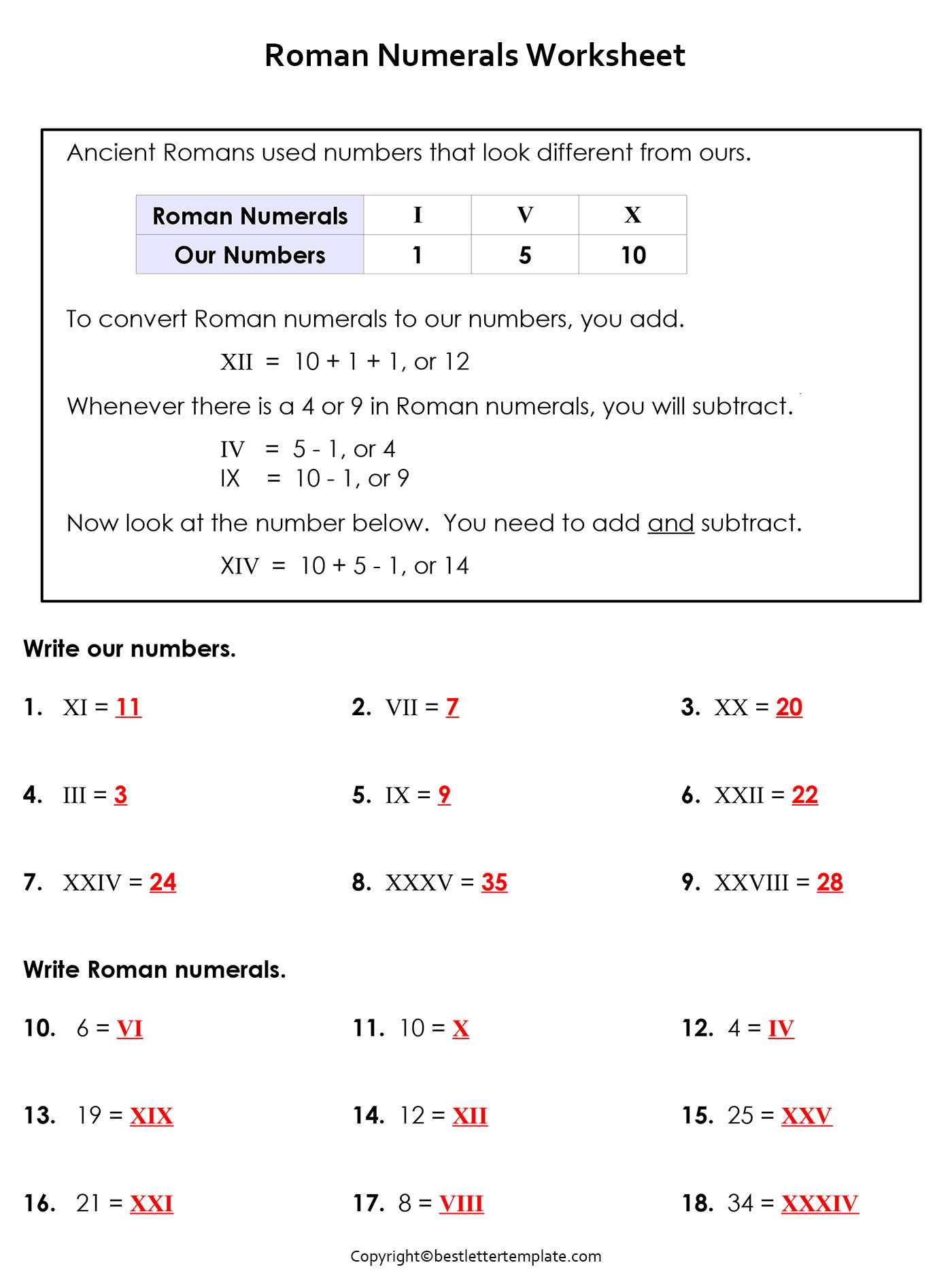 Roman Numerals Worksheet/Question and Answers