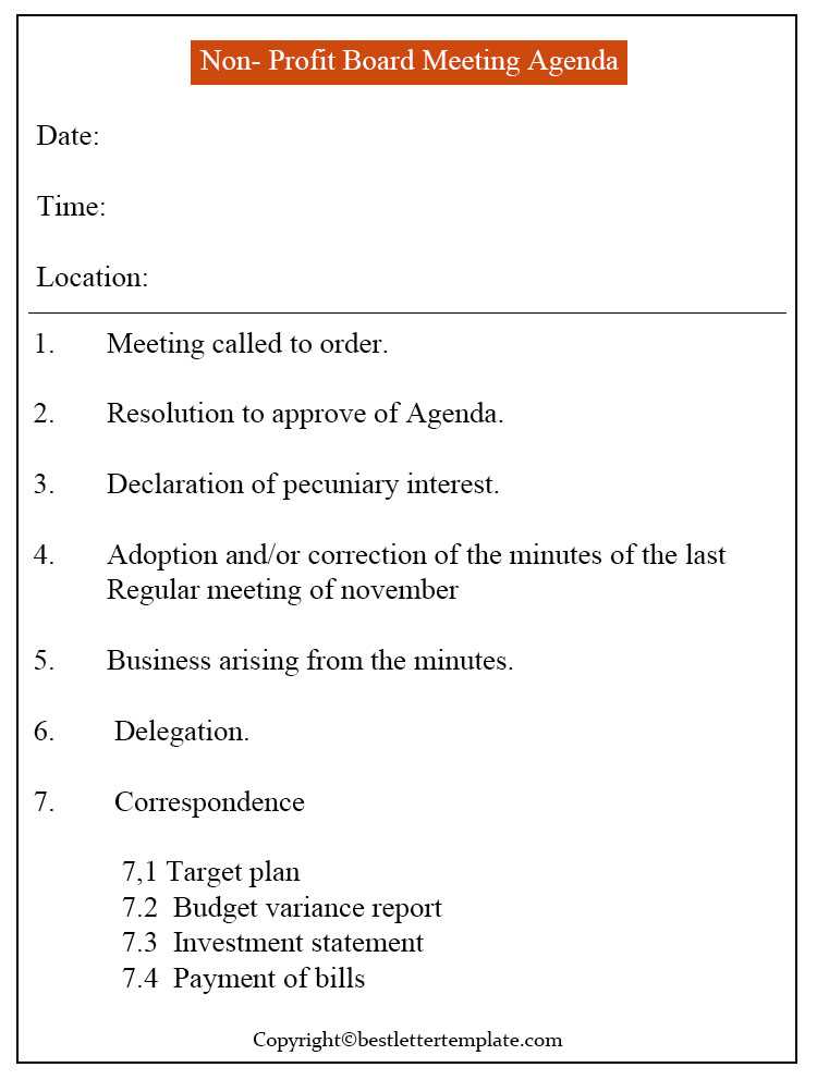 Non- Profit Board Meeting agenda template: