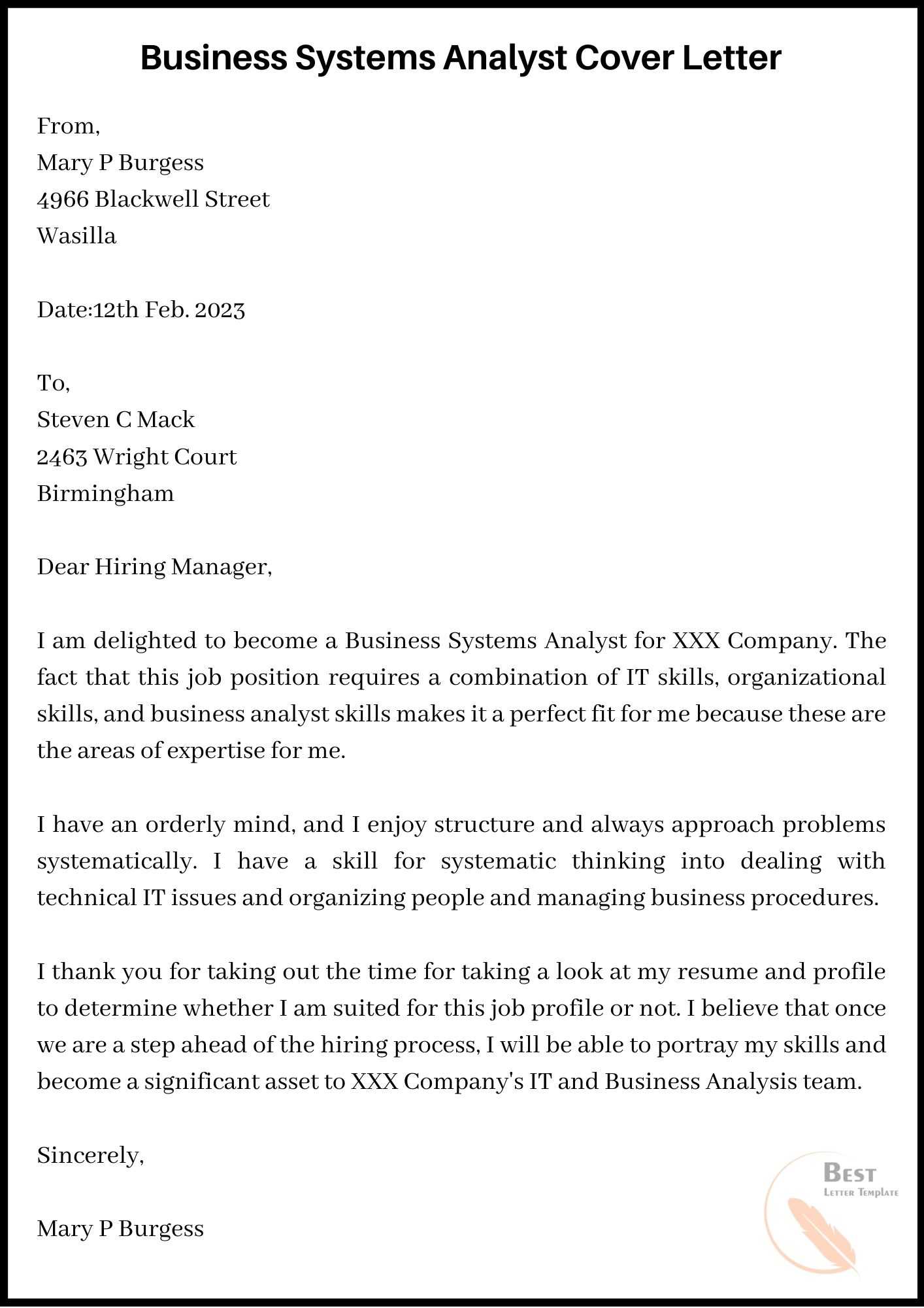 Sample Business Analyst Cover Letter Template with Examples