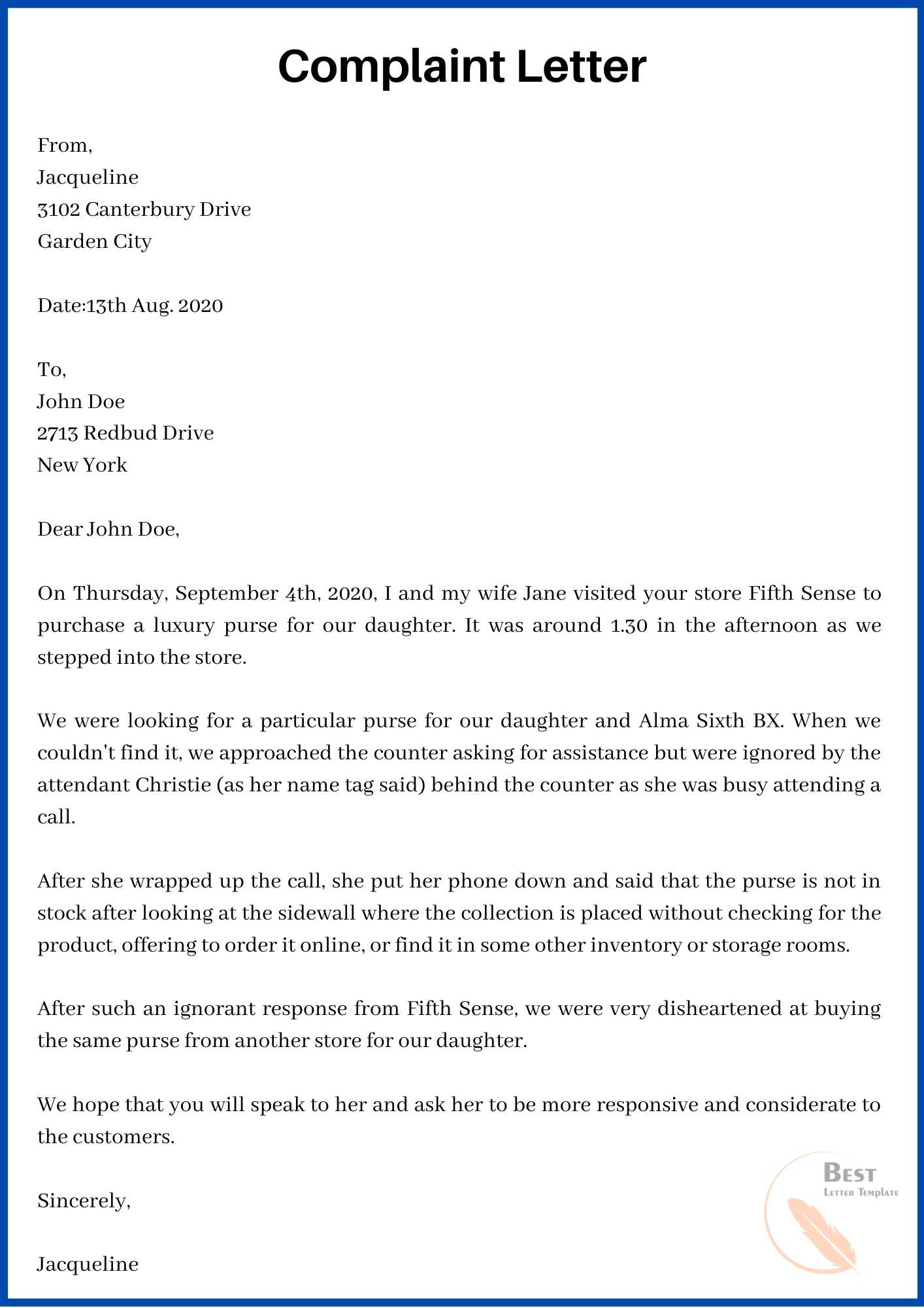 Letter Of Complaint Template