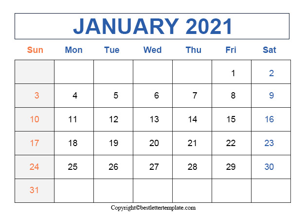 January Calendar 2021 Landscape