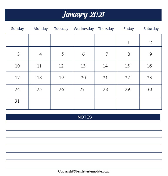2021 January Calendar With Notes