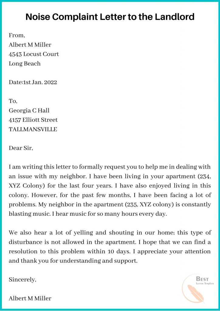 Noise Complaint Letter to the Landlord