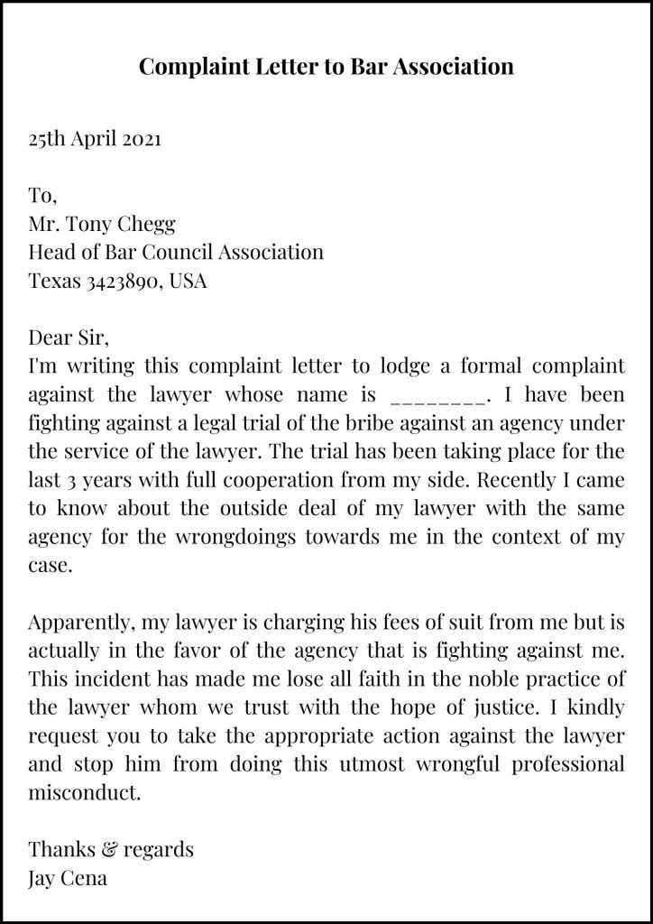 Complaint Letter to Bar Association