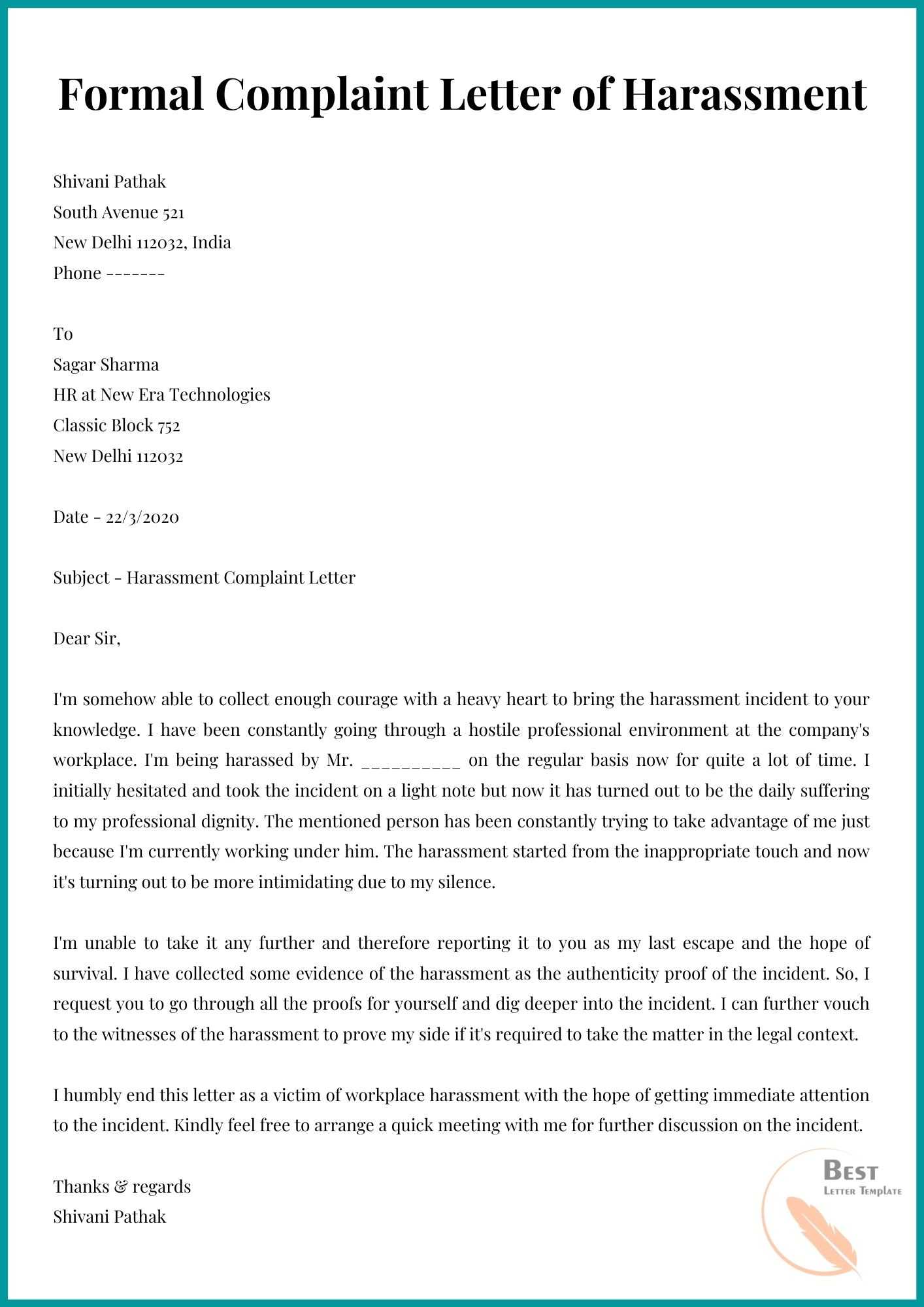 Sample Letter Of Harassment Complaint