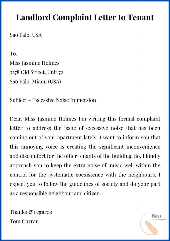 Landlord Complaint Letter to Tenant