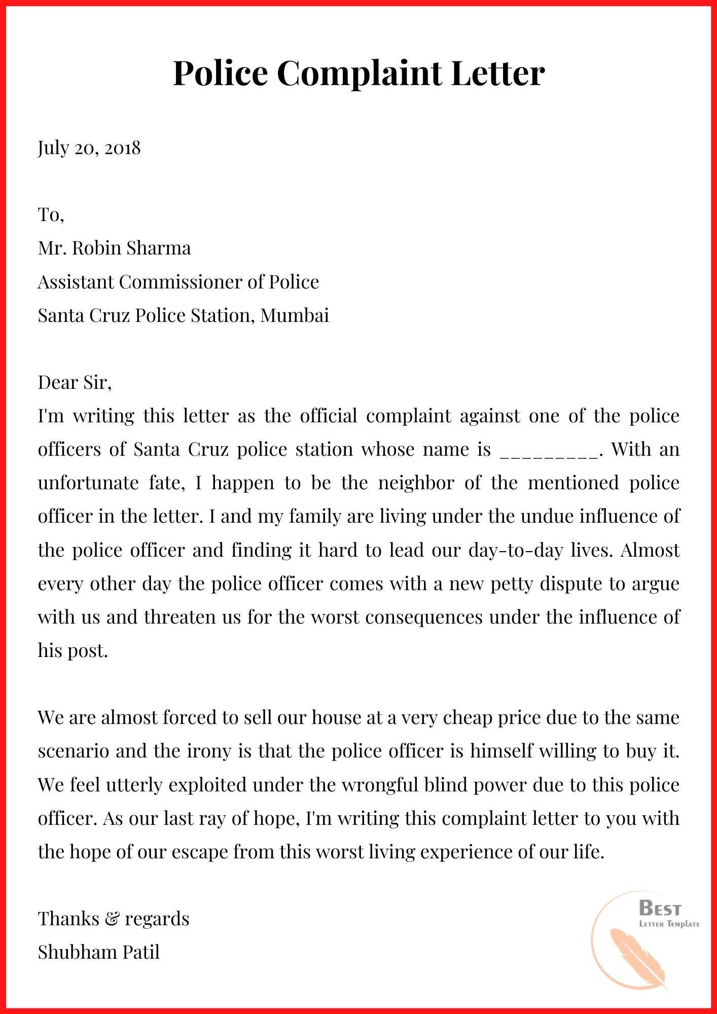 application letter for complaint in police station