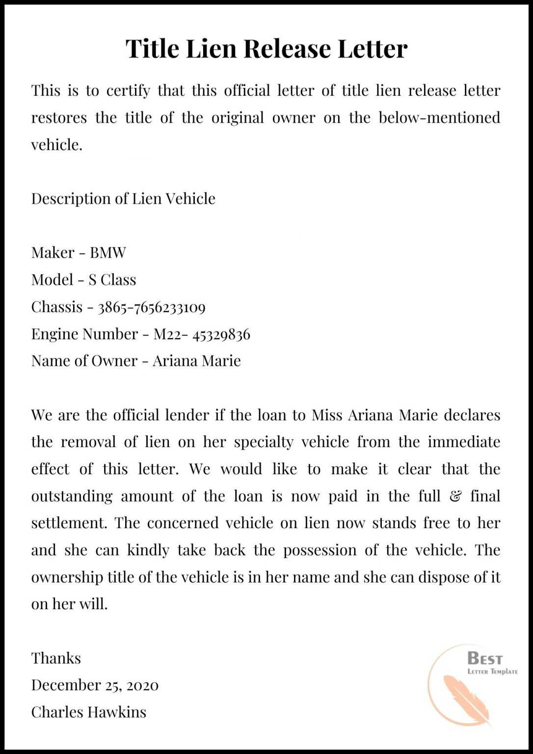 Title Lien Release Letter Template Sample and Example