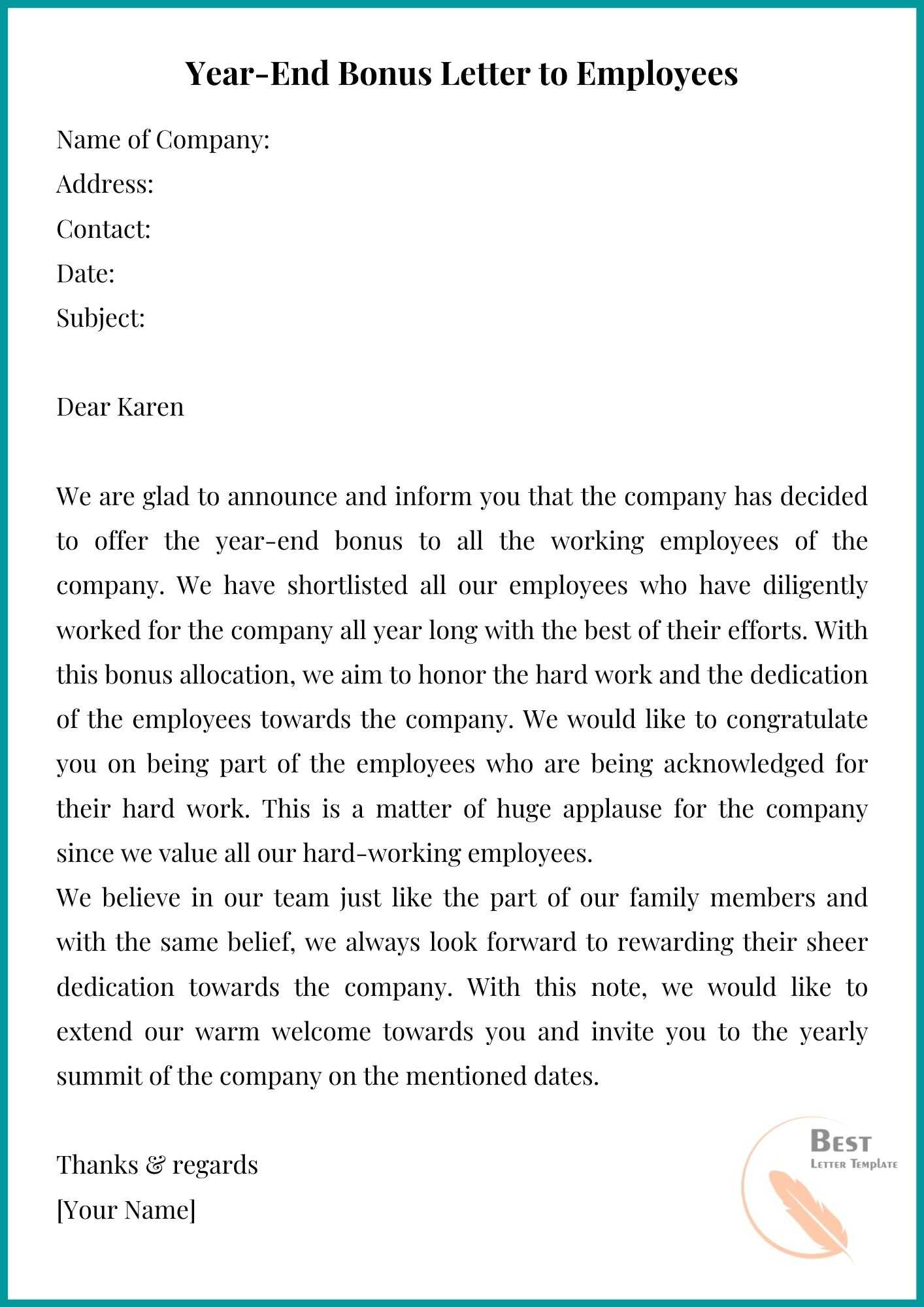 Employees Bonus Letter Template Sample Example