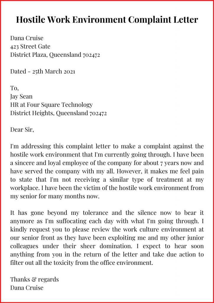 Hostile Work Environment Complaint Letter