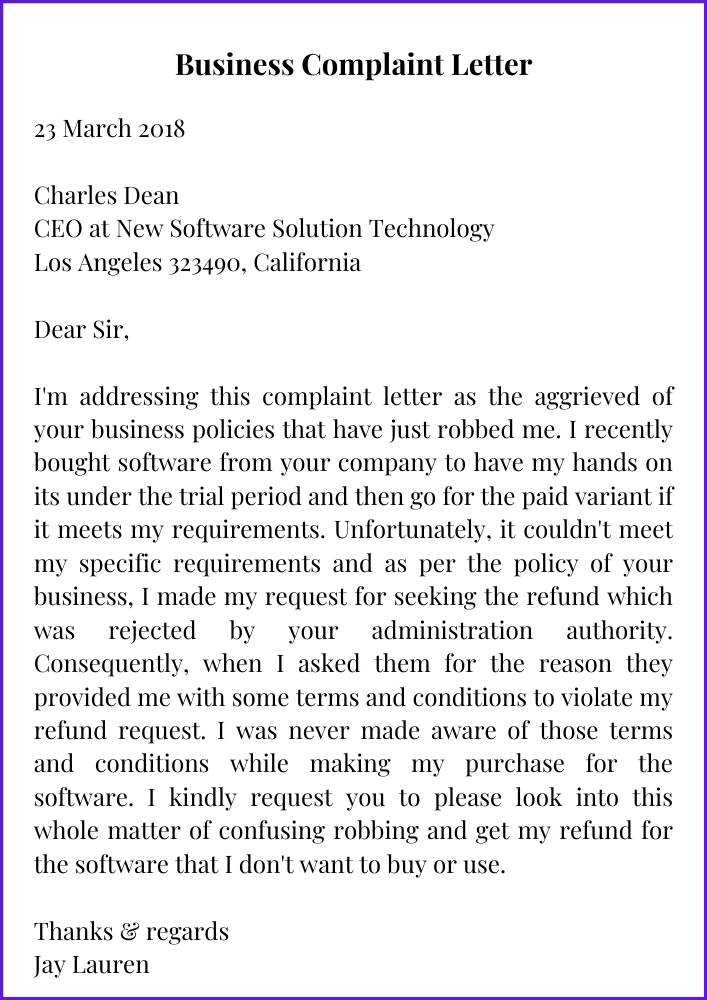 Sample Business Complaint Letter