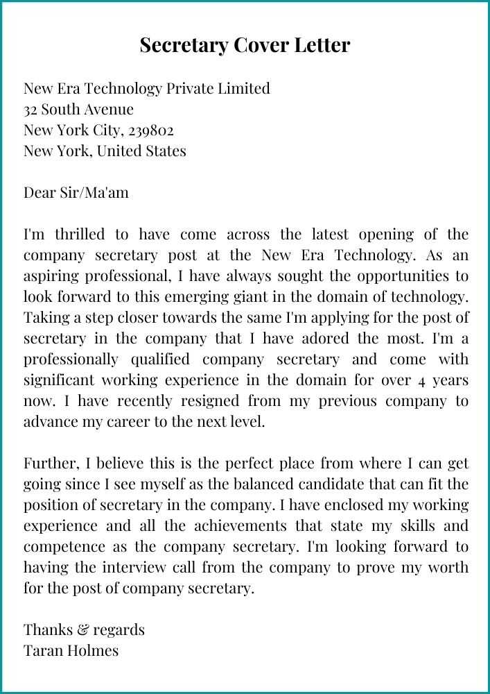cover letter for secretarial job sample