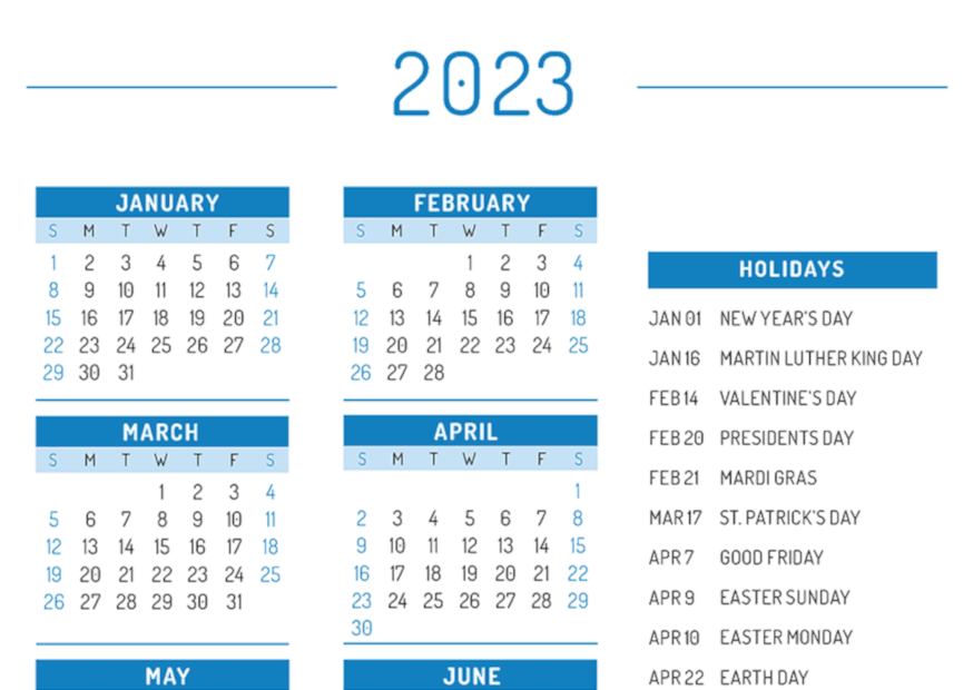 Free US Calendar 2023 with Public Holidays